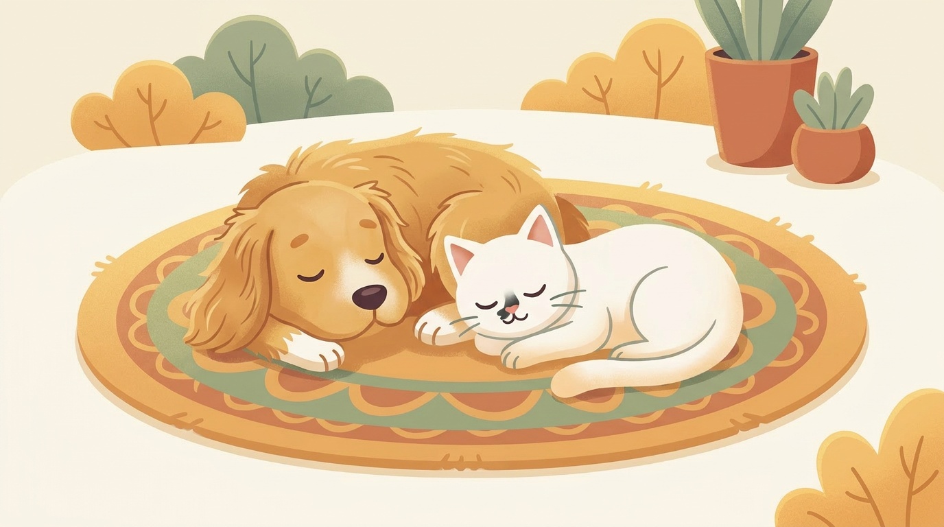 犬と猫が並んで、寄り添うように昼寝をしているイラスト