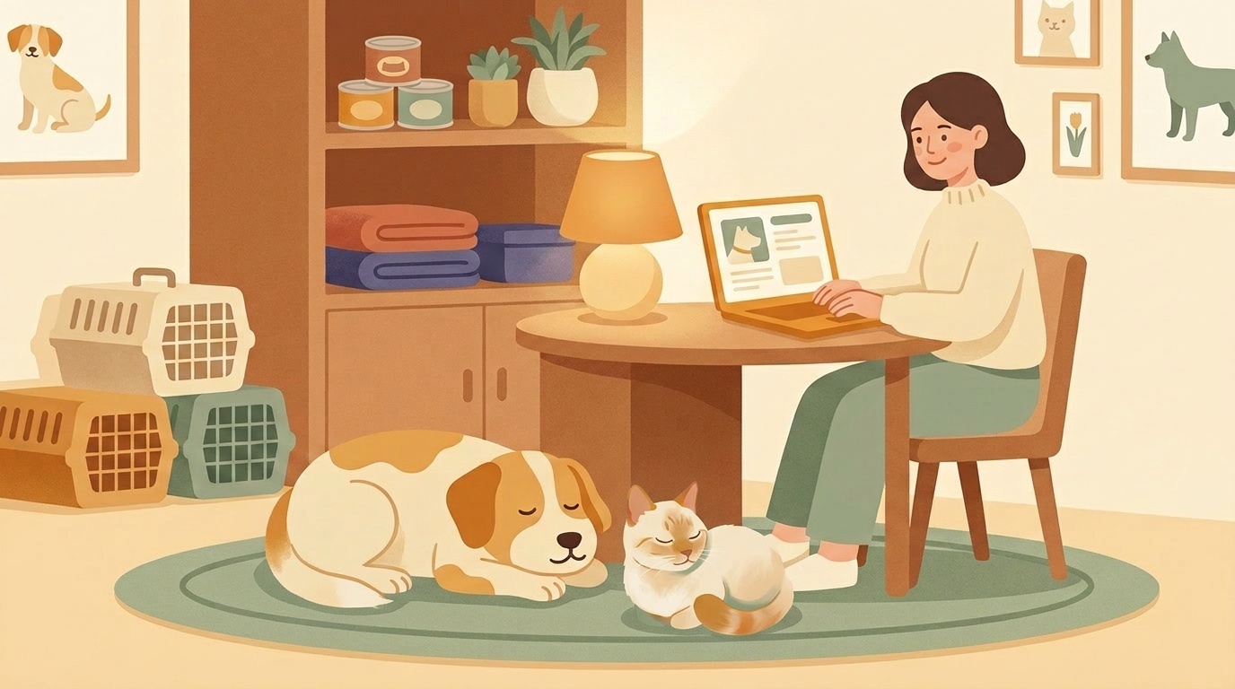クリーム色の室内で、スタッフがノートパソコンに動物のプロフィールを入力している。傍らでは犬と猫がくつろいでいる、あたたかい雰囲気のイラスト