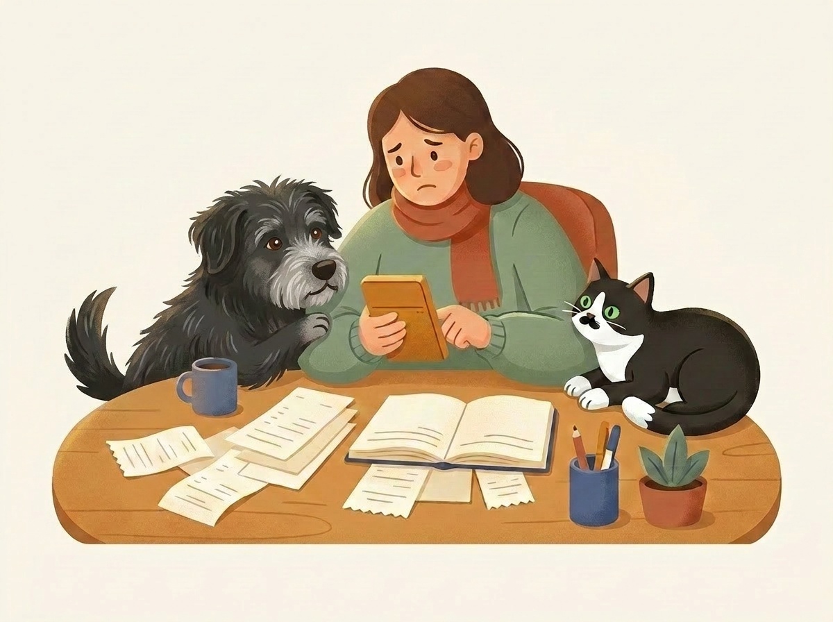 紙のレシートや手書きノートが山積みになった机で、困った表情のスタッフに犬と猫がそっと寄り添っているイラスト